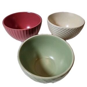 IKEA Set of 3 KEJSERLIG bowls in sage green, white/cream, and pink/coral.